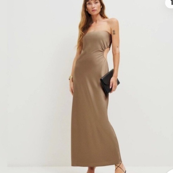 Reformation Square Neck Strapless Satin Gold Maxi Gown/Dress  Sz Medium - Picture 13 of 13